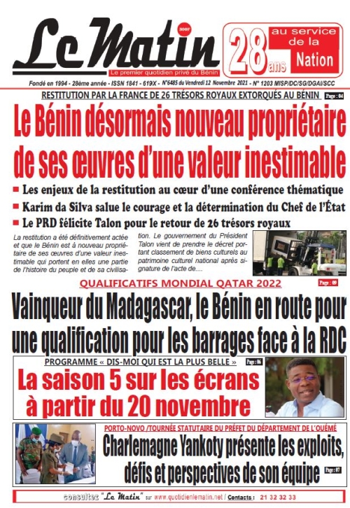 RESTITUTION PAR LA FRANCE DE 26 TRÉSORS ROYAUX EXTORQUÉS AU BÉNIN Le Bénin désormais nouveau propriétaire de ses œuvres d’une valeur inestimable