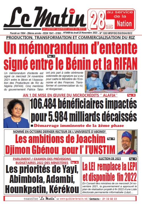 PRODUCTION, TRANSFORMATION ET COMMERCIALISATION DU RIZ  Un mémorandum d’entente signé entre le Bénin et la RIFAN