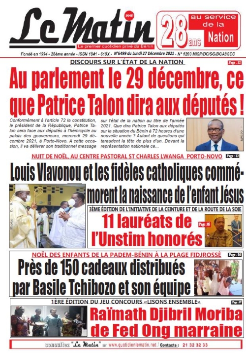 DISOURS DUR L'ETAT DD LA NATION Au parlement le 29 décembre, ce que Patrice Talon dira aux députés !