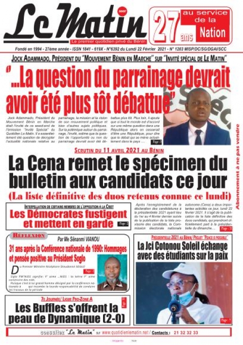 Jock Adammado, Président du "Mouvement Bénin en Marche" sur "Invité spécial de Le Matin":La question du parrainage devrait avoir été plus tôt débattue