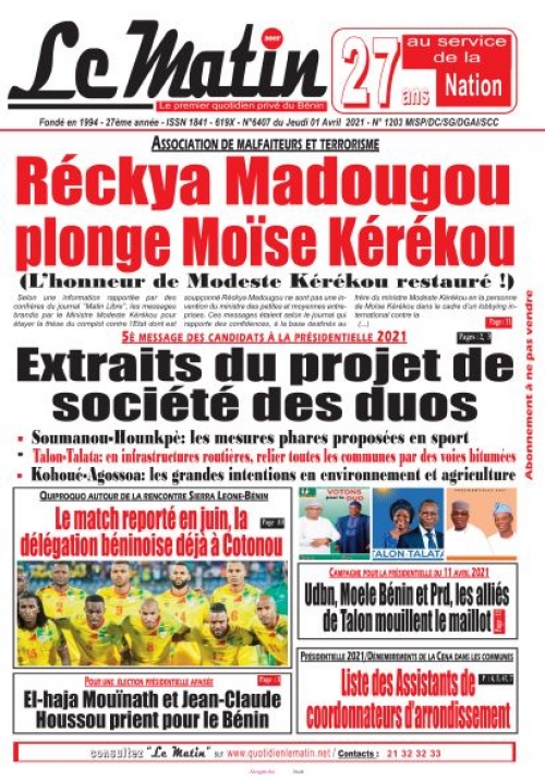 Association de malfaiteurs et terrorisme: Réckya Madougou plonge Moïse KEREKOU 