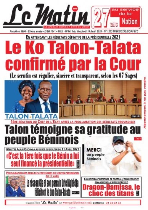 En attendant les résultats définitifs de la présidentielle 2021:  Le Ko Talon-Talata confirmé par la Cour 	