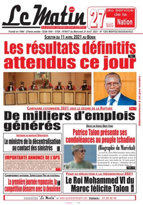Scrutin du 11 avril 2021 au Bénin: Les résultats définitifs attendus ce jour 