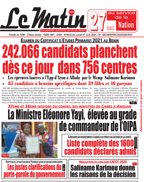 Examen du Certificat d’Etudes Primaires 2021 au Bénin 242.066 candidats planchent dès ce jour  dans 756 centres  - Les épreuves lancées à l’Epp d’Ayou