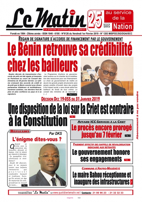 Le Bénin retrouve sa crédibilité chez les bailleurs