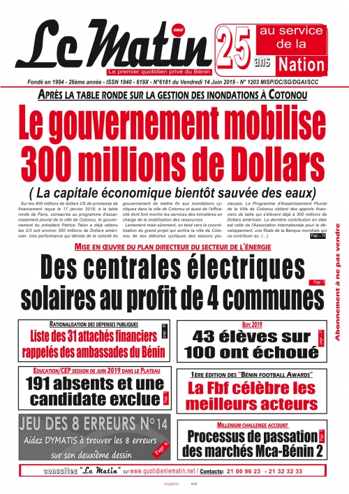 Le gouvernement mobilise 300 millions de Dollars