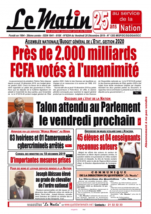 Près de 2.000 milliards FCFA votés à l’unanimité 