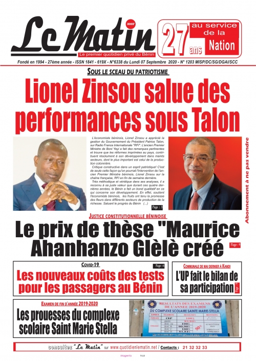 Lionel Zinsou salue des performances sous Talon